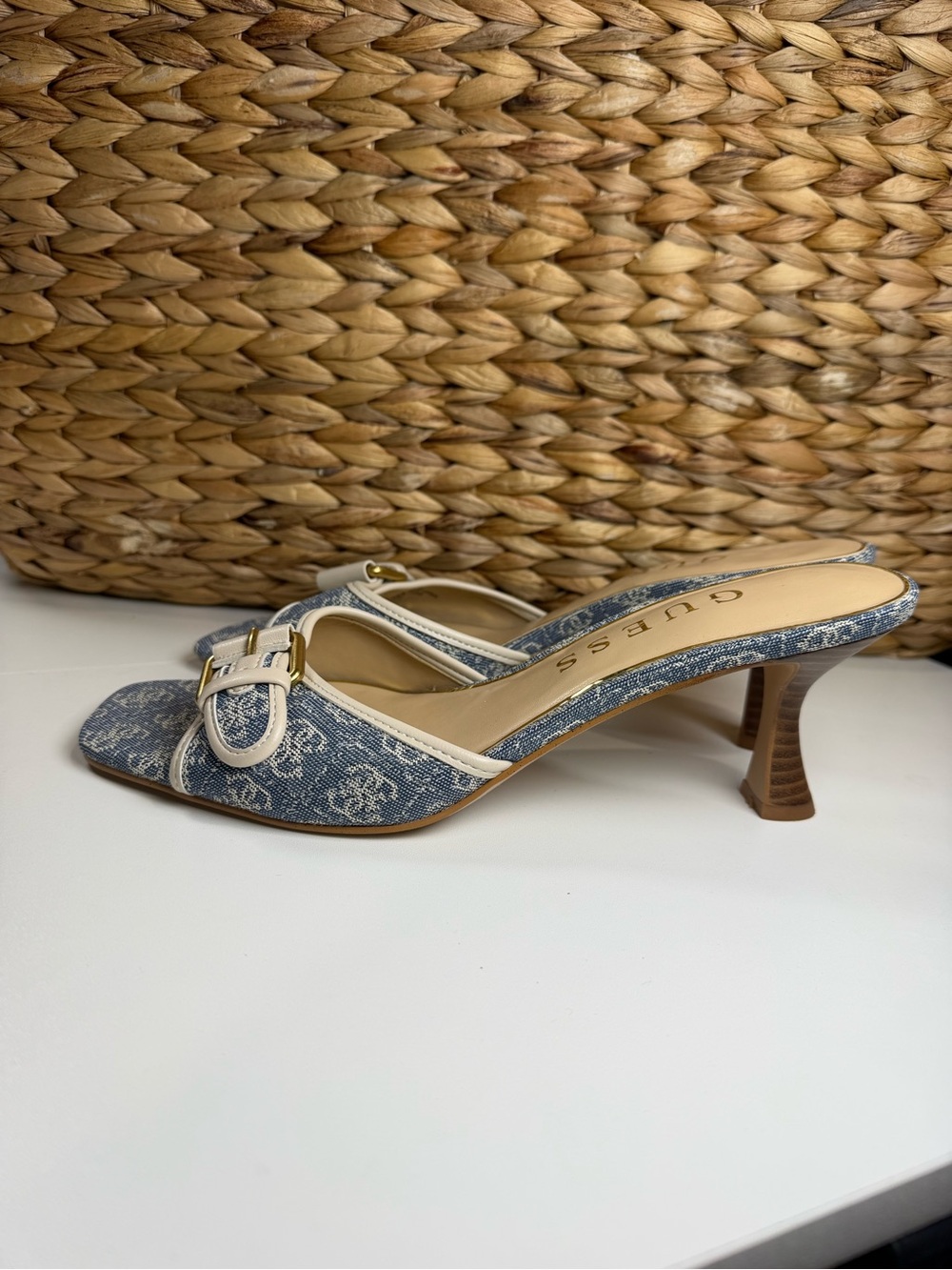 GUESS Denim Logo Buckle Slip-On Mules in Blue and Cream - Picture 4 of 7